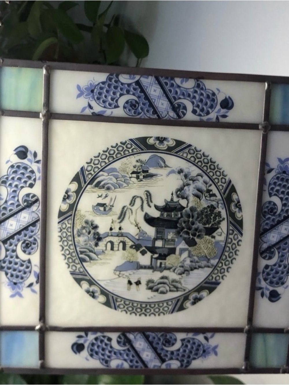 Authentic Blue & White Chinoiserie Glass Stained Glass Suncatcher